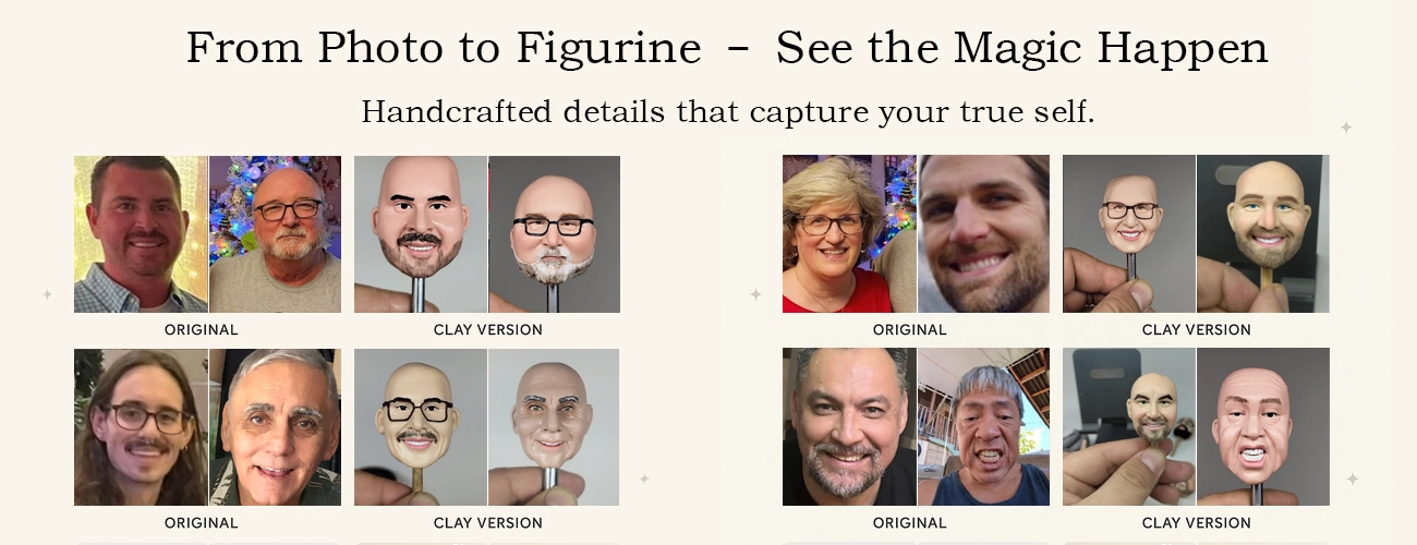 Custom Clay Figurine Photo Comparison Wall – Real Photos vs. Figurines