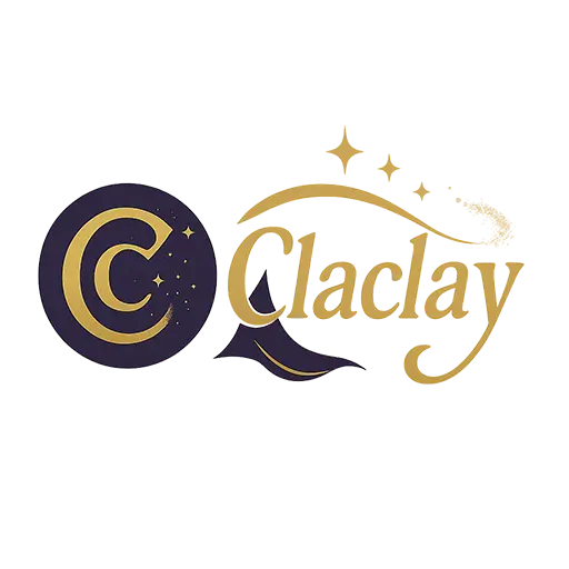 Logo of Claclay featuring elegant typography with a double-C emblem on the left, inspired by magical themes.