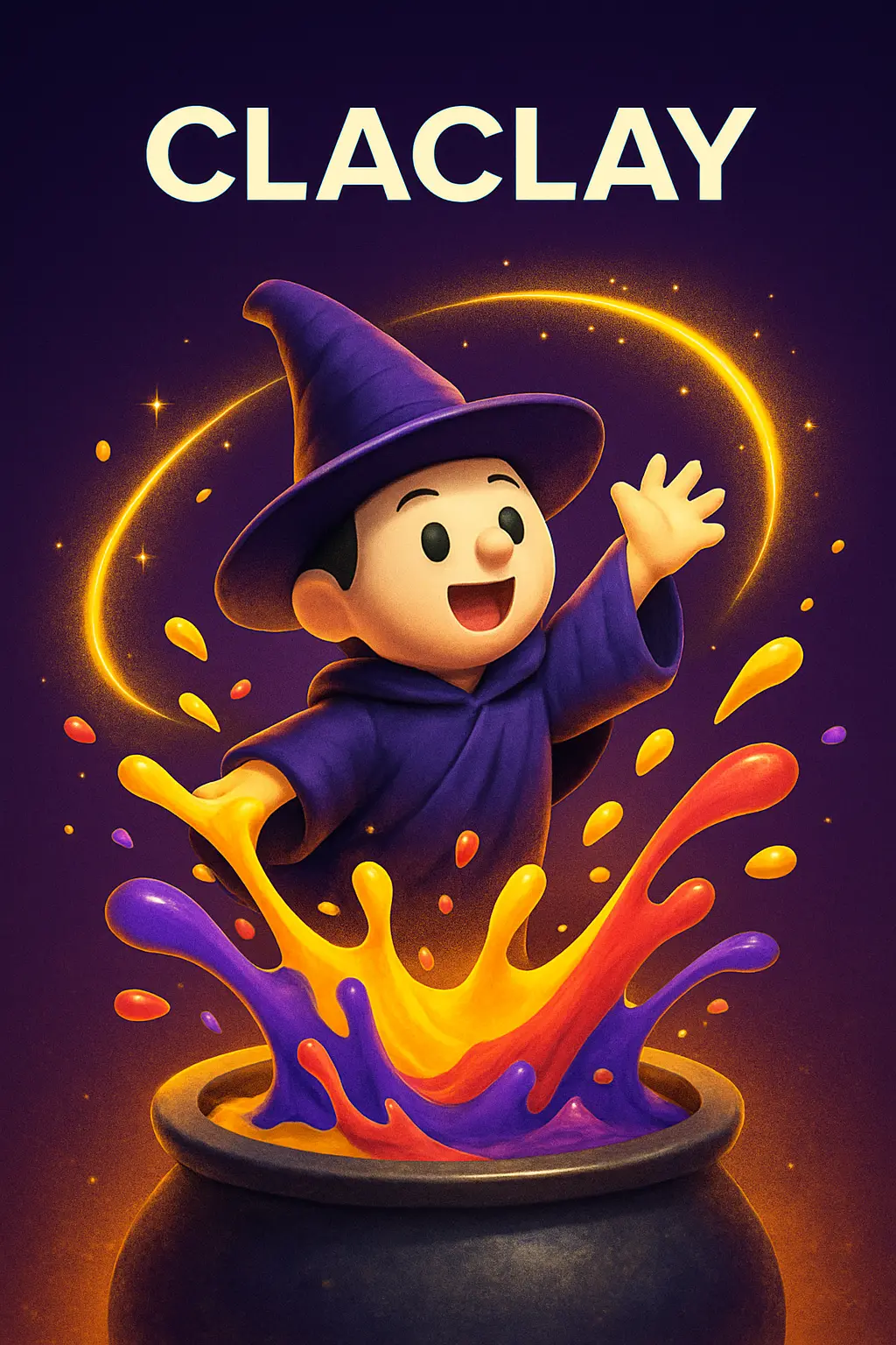 Colorful magic splash representing Claclay's creativity and surprises, in a toy-style wizard theme.