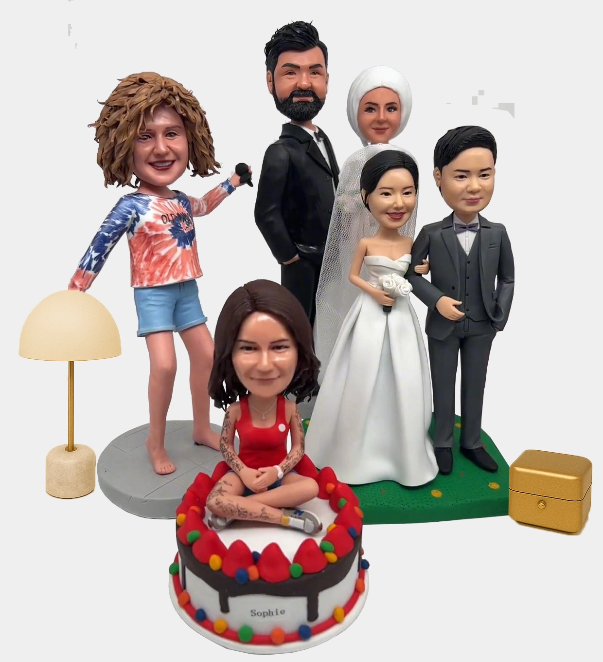 Custom clay figurines of friends from a group photo – personalized handmade sculpture gift.