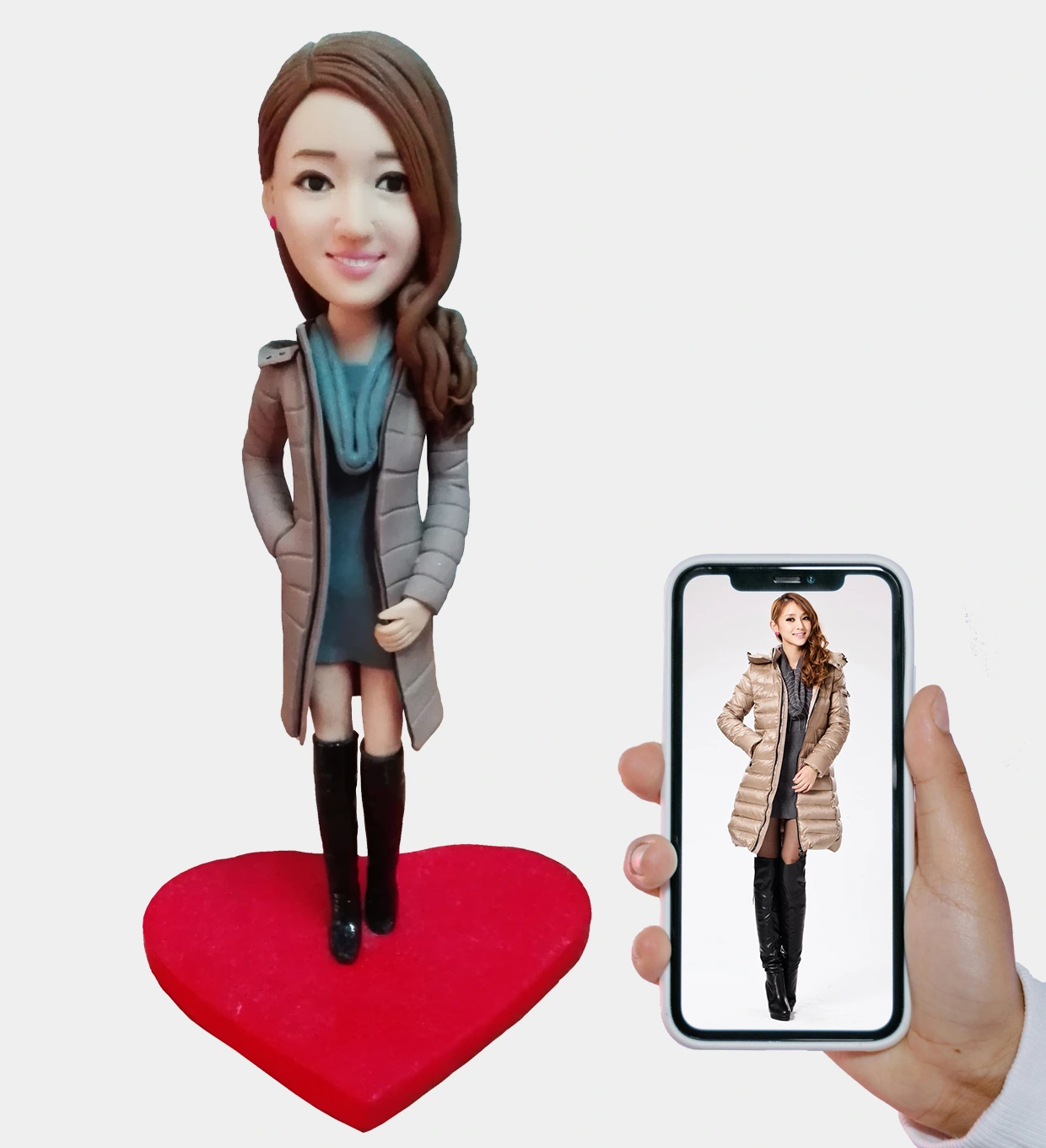 Custom clay figurine of an elegant woman in winter coat – front view