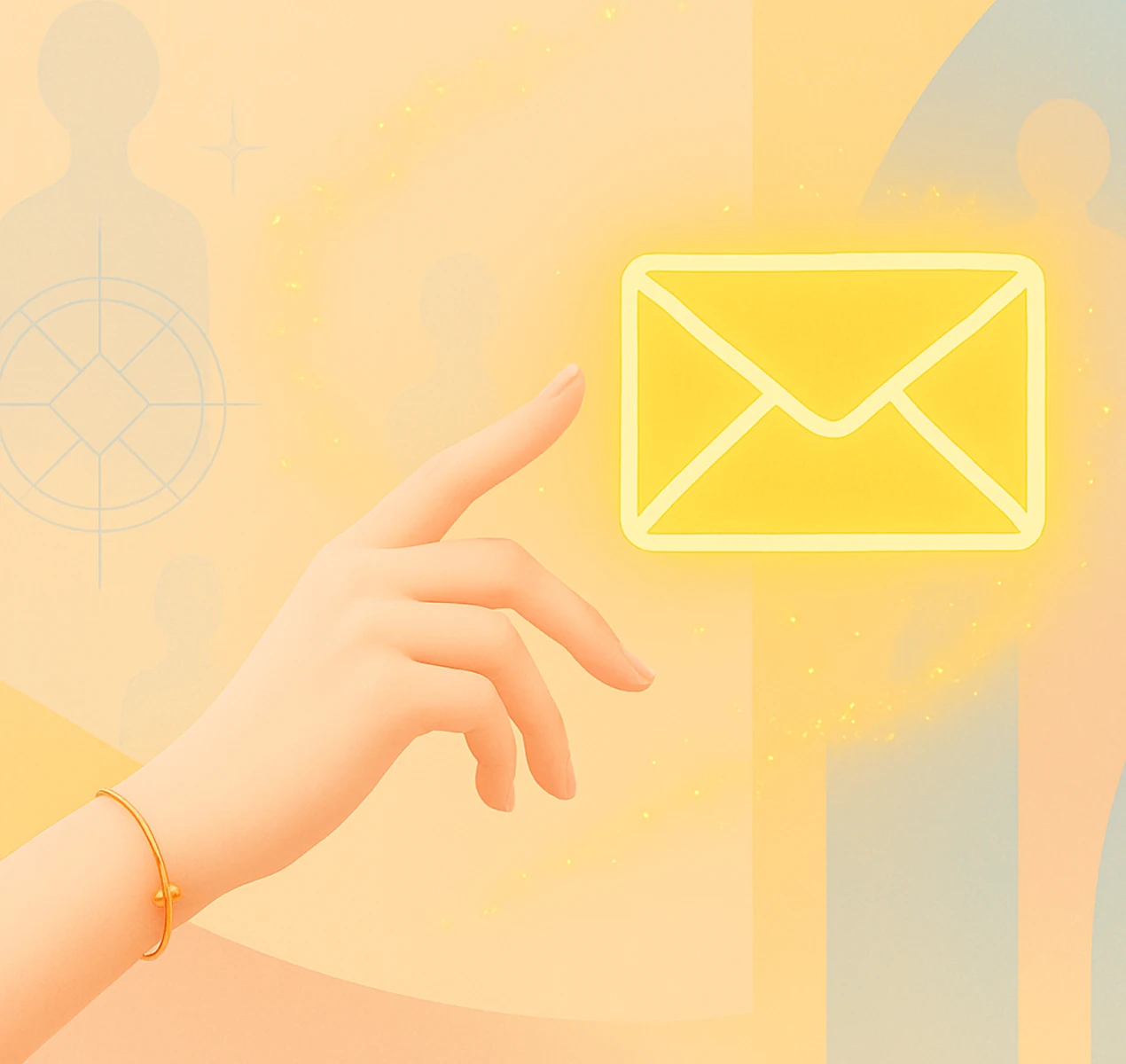 A graceful feminine hand with delicate jewelry reaching toward a glowing yellow envelope on a soft pastel background.