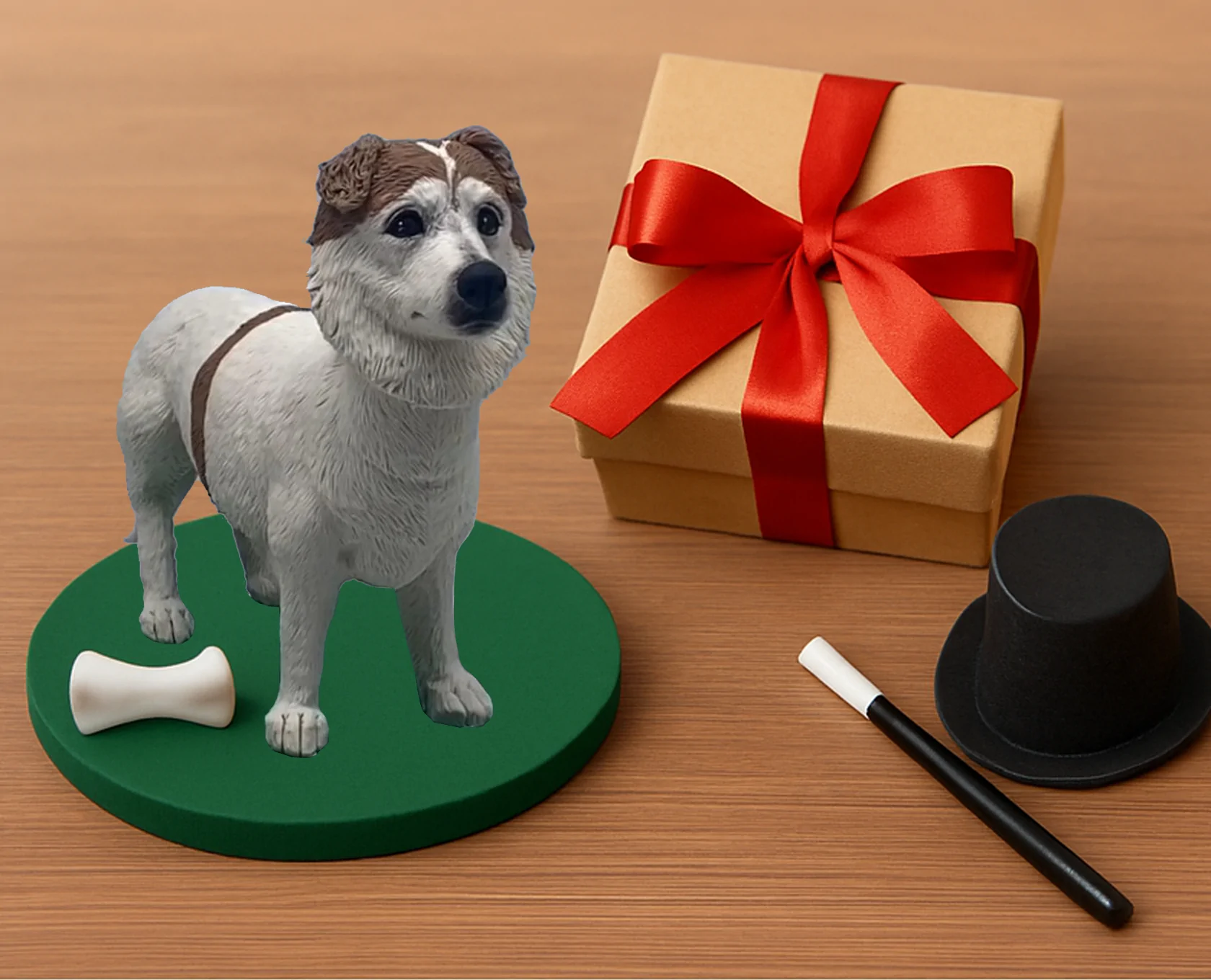 Custom dog figurine on a green base with gift box and magician props on wooden surface