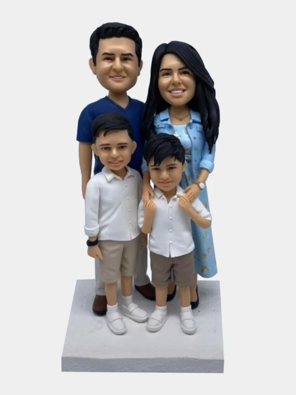 Custom family of four clay figurine – handcrafted personalized sculpture