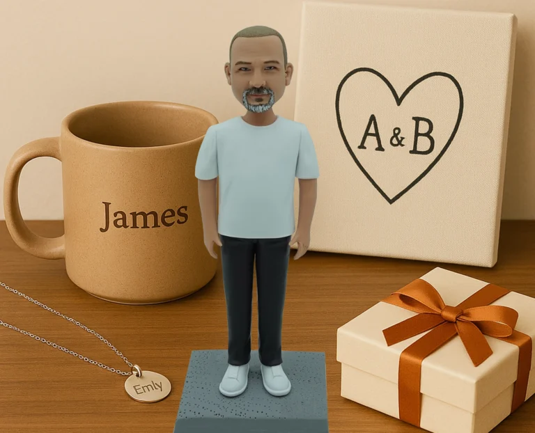 Personalized clay figurine with custom gifts like a mug, necklace, and canvas art.