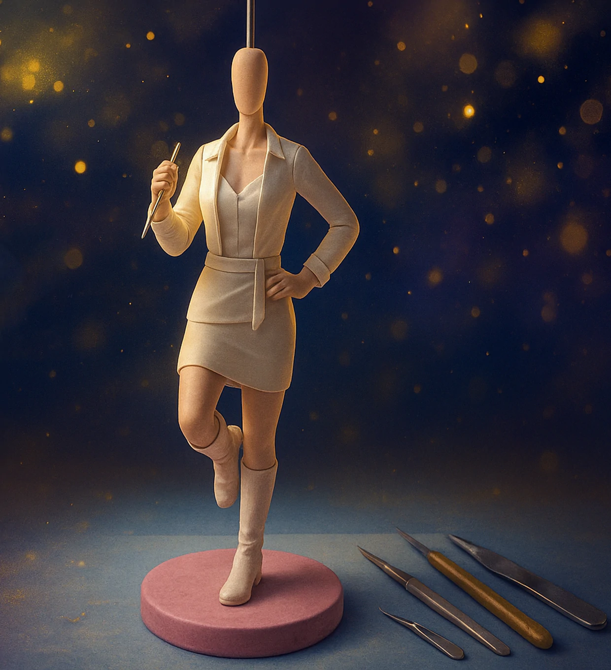 A mystical, elegant female clay figure holding a sculpting tool, with an unfinished clay face, set against a magical background.